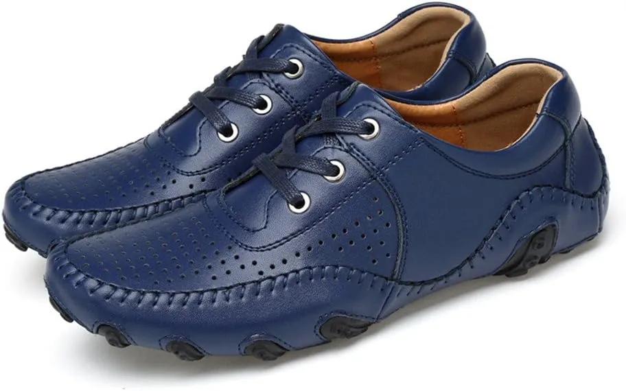 Men's Non-Slip Breathable Outdoor Loafers Hollow Out Leather Driving Walking Shoes Lace Up Casual Boat Shoes