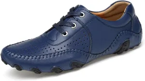 Men's Non-Slip Breathable Outdoor Loafers Hollow Out Leather Driving Walking Shoes Lace Up Casual Boat Shoes