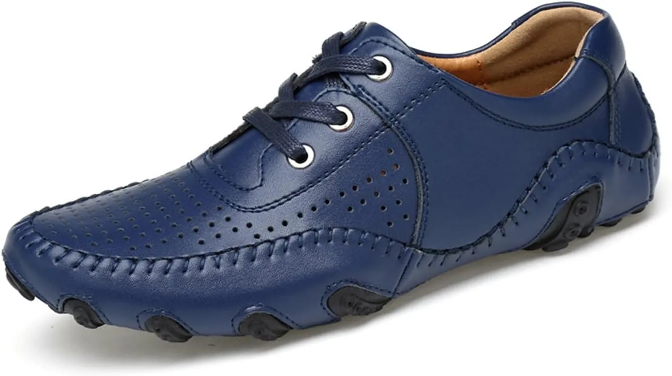 Men's Non-Slip Breathable Outdoor Loafers Hollow Out Leather Driving Walking Shoes Lace Up Casual Boat Shoes