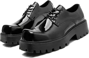 Men's Patent Leather Dress Shoes Classic Square Toe Lace up Platform Oxfords for Business Office Work