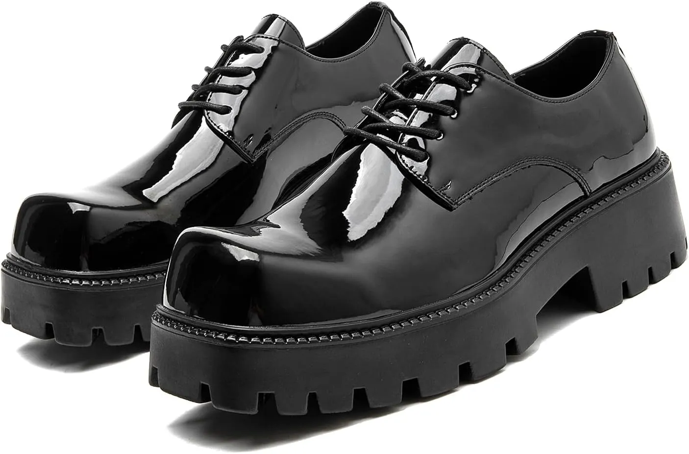 Men's Patent Leather Dress Shoes Classic Square Toe Lace up Platform Oxfords for Business Office Work