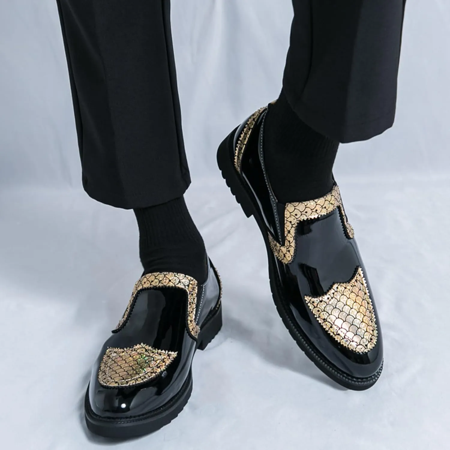 Men's Patent Leather Printed Dress Loafers Fashion Classic Cap Toe Low Top Slip On Oxford Shoes Business Casual Office Wedding Formal Shoes