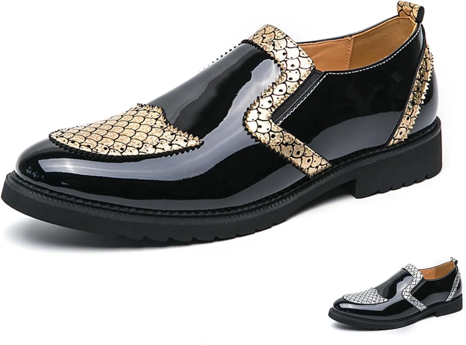 Men's Patent Leather Printed Dress Loafers Fashion Classic Cap Toe Low Top Slip On Oxford Shoes Business Casual Office Wedding Formal Shoes