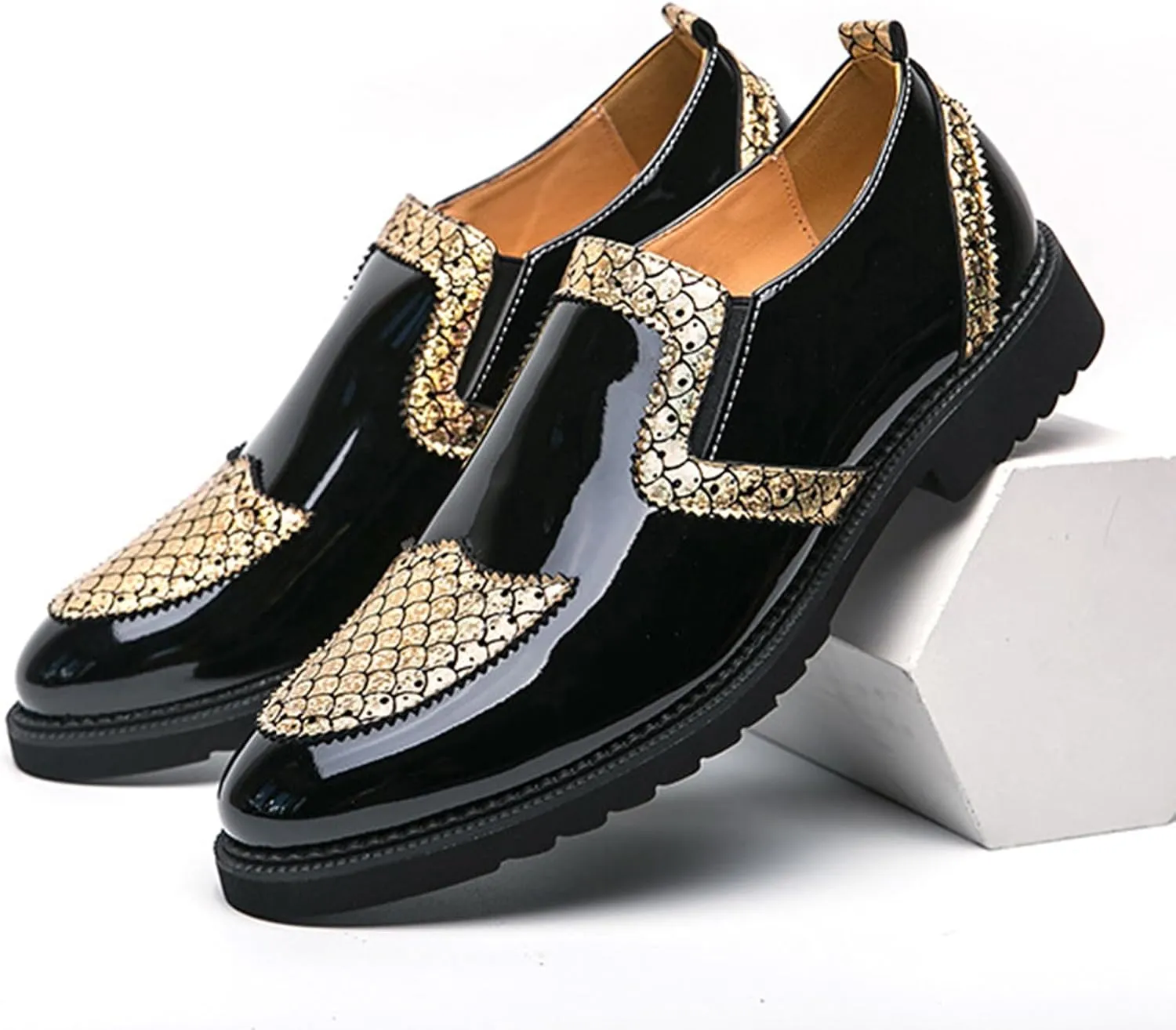 Men's Patent Leather Printed Dress Loafers Fashion Classic Cap Toe Low Top Slip On Oxford Shoes Business Casual Office Wedding Formal Shoes