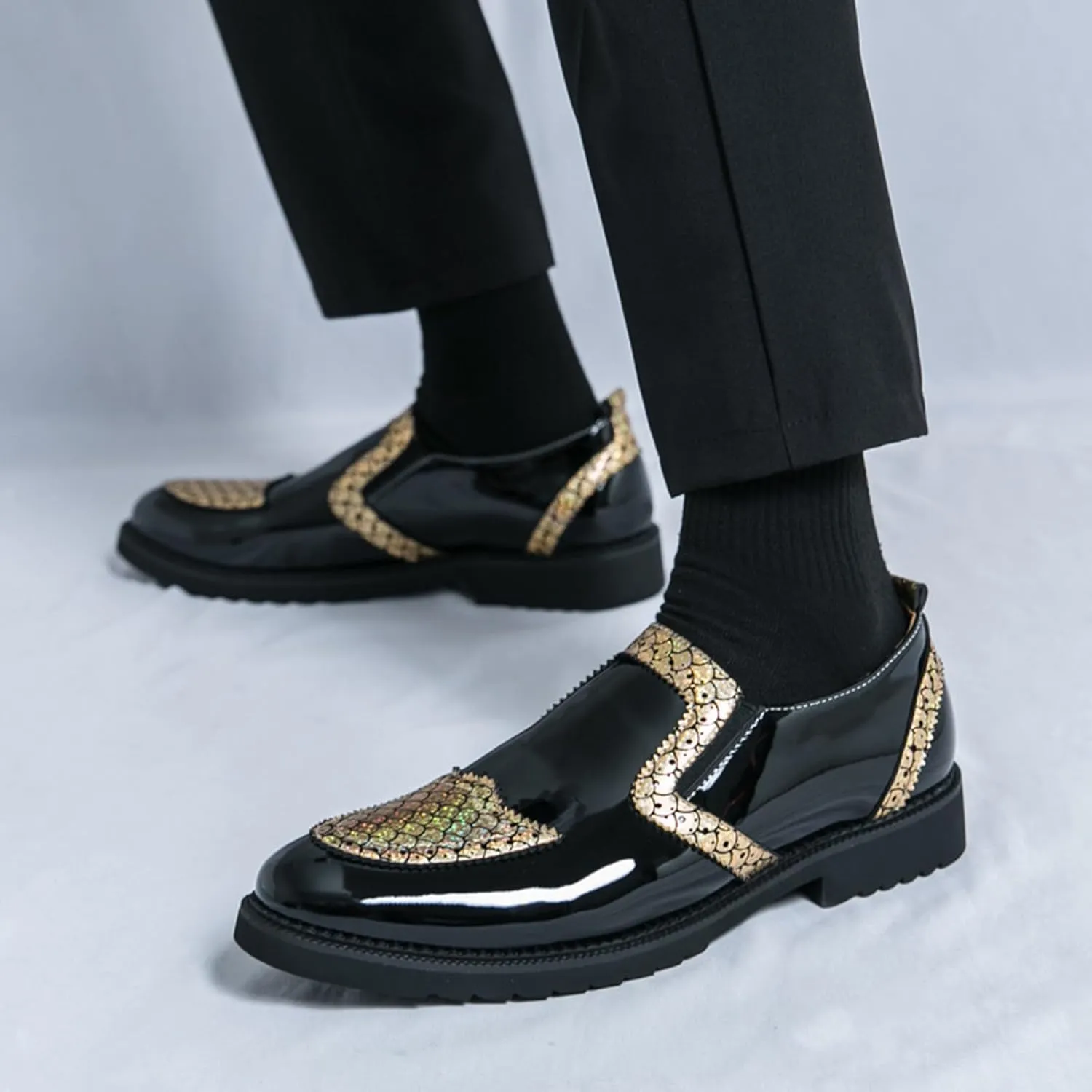 Men's Patent Leather Printed Dress Loafers Fashion Classic Cap Toe Low Top Slip On Oxford Shoes Business Casual Office Wedding Formal Shoes