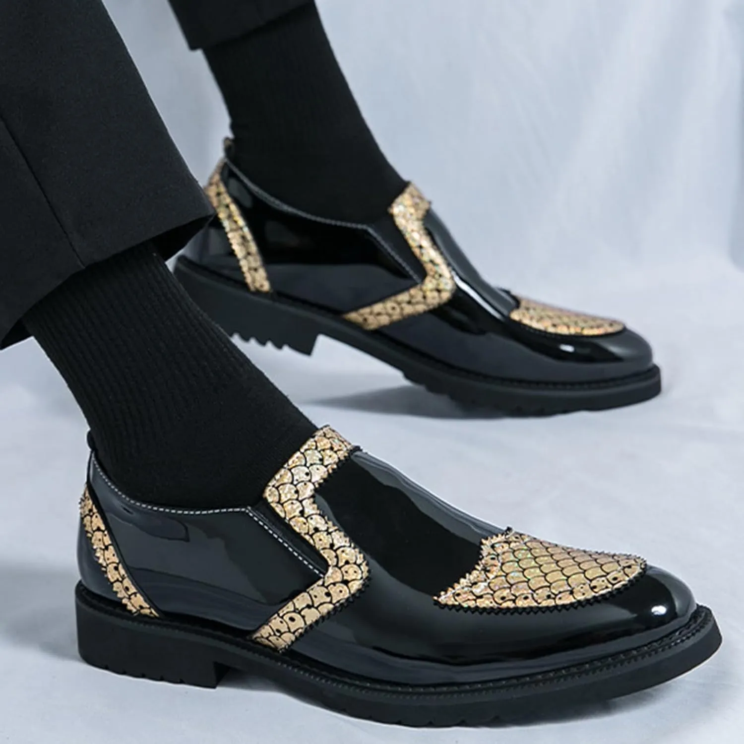 Men's Patent Leather Printed Dress Loafers Fashion Classic Cap Toe Low Top Slip On Oxford Shoes Business Casual Office Wedding Formal Shoes