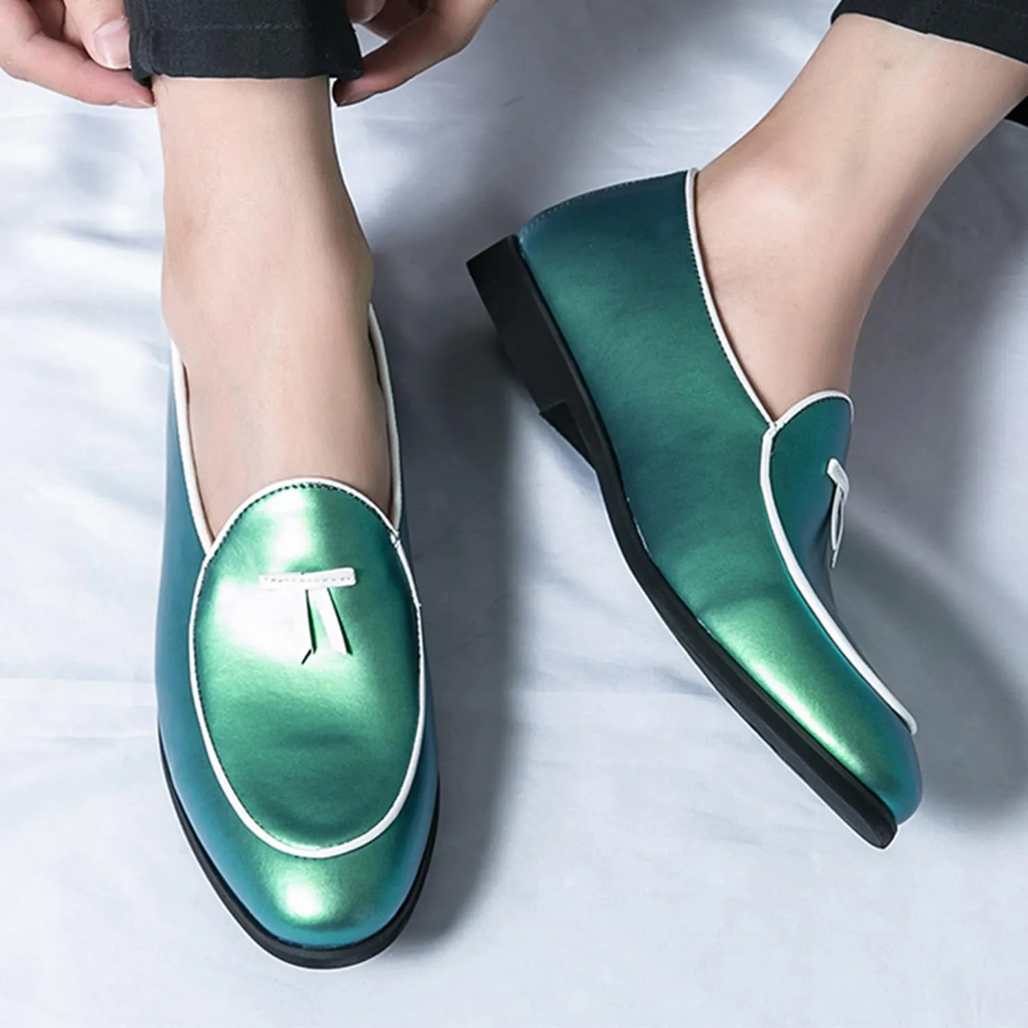 Men's Penny Loafers Patent Leather Loafers Slip-On Dress Shoes Black with Yellow Trim Formal Moccasins