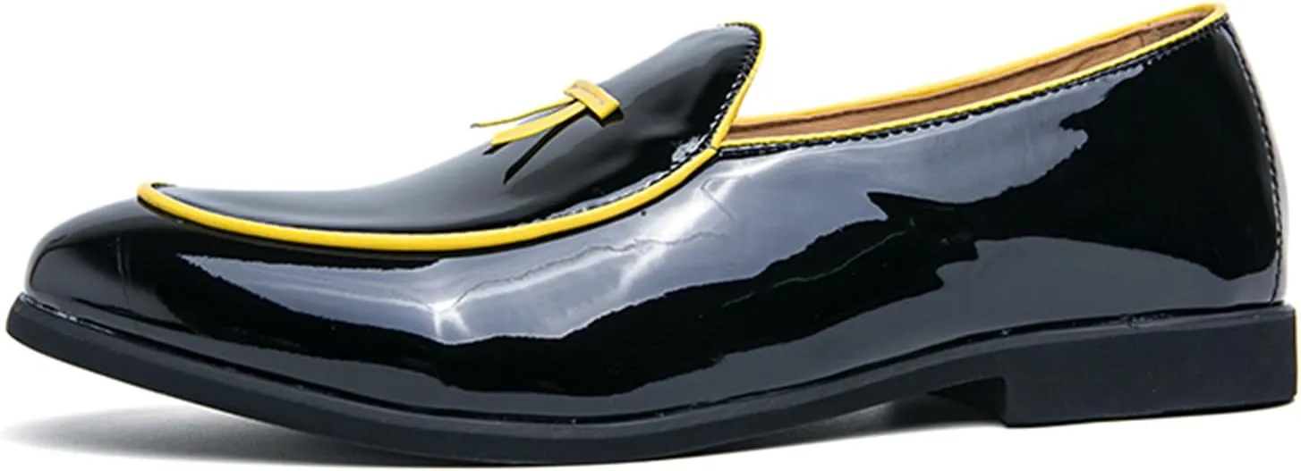 Men's Penny Loafers Patent Leather Loafers Slip-On Dress Shoes Black with Yellow Trim Formal Moccasins