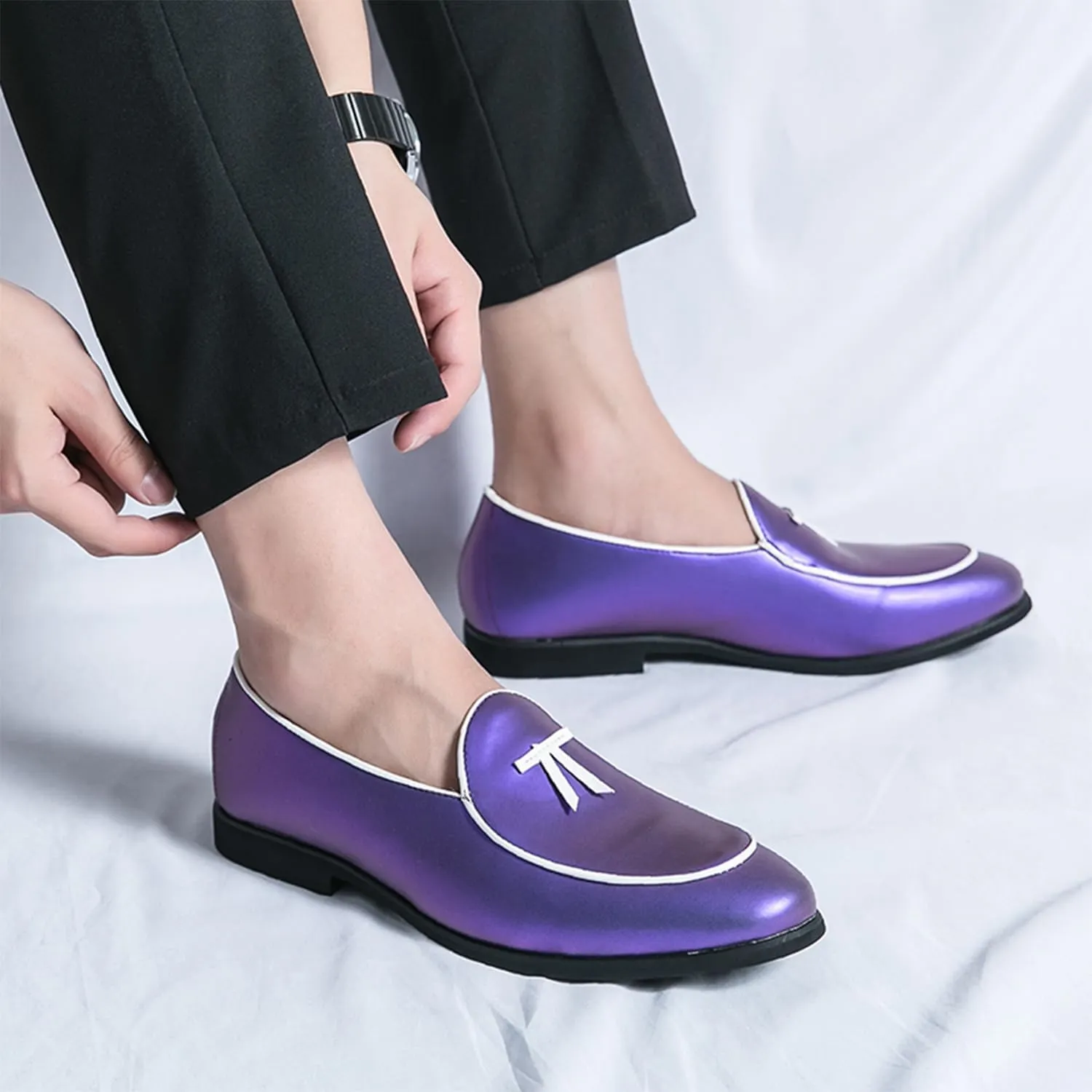 Men's Penny Loafers Patent Leather Loafers Slip-On Dress Shoes Black with Yellow Trim Formal Moccasins