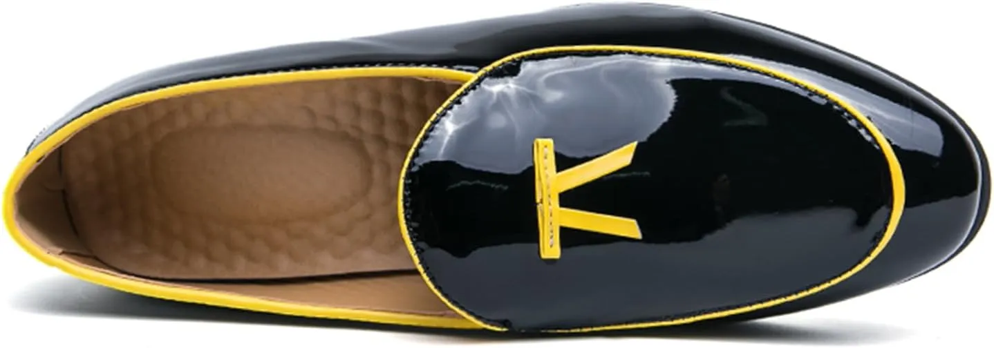 Men's Penny Loafers Patent Leather Loafers Slip-On Dress Shoes Black with Yellow Trim Formal Moccasins