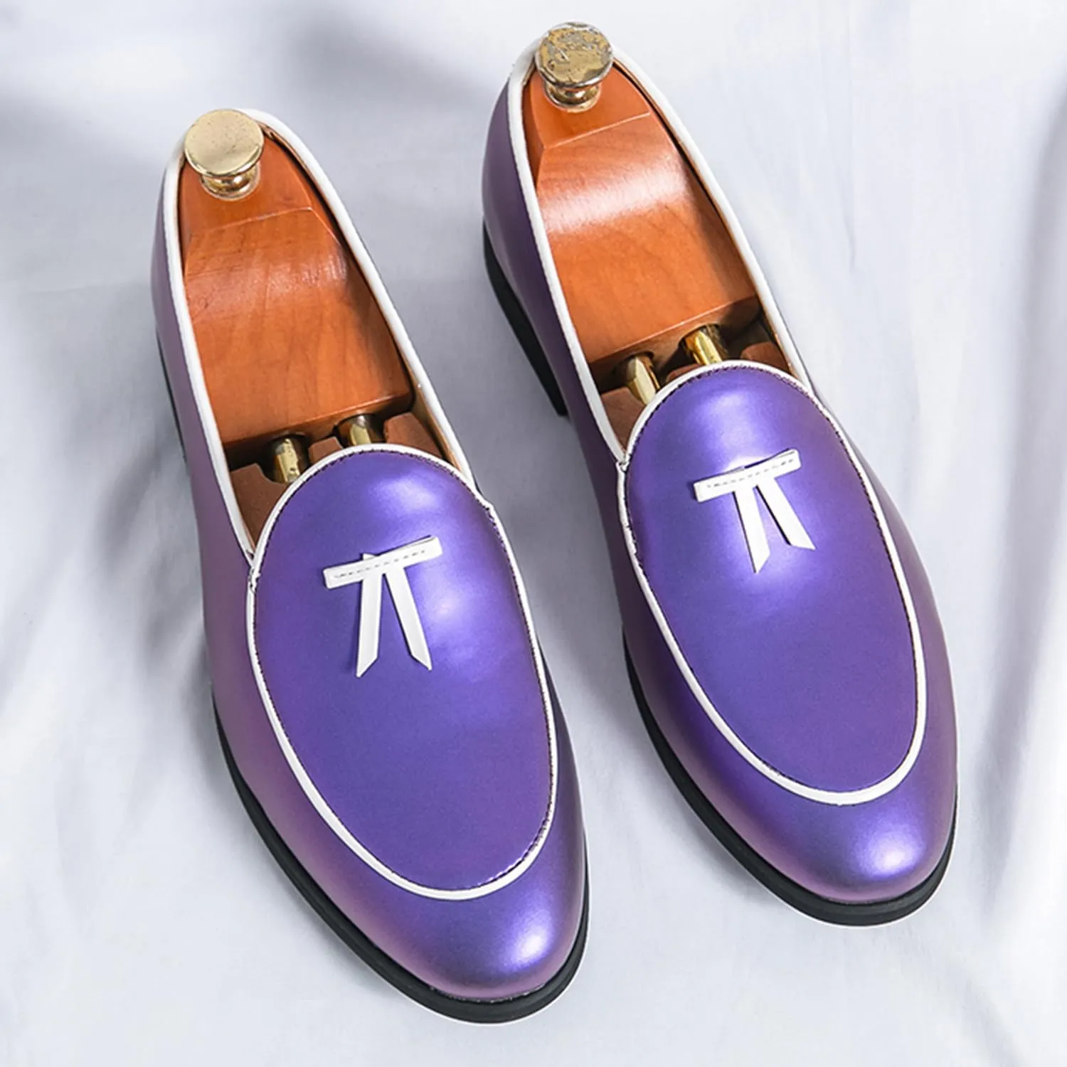 Men's Penny Loafers Patent Leather Loafers Slip-On Dress Shoes Black with Yellow Trim Formal Moccasins