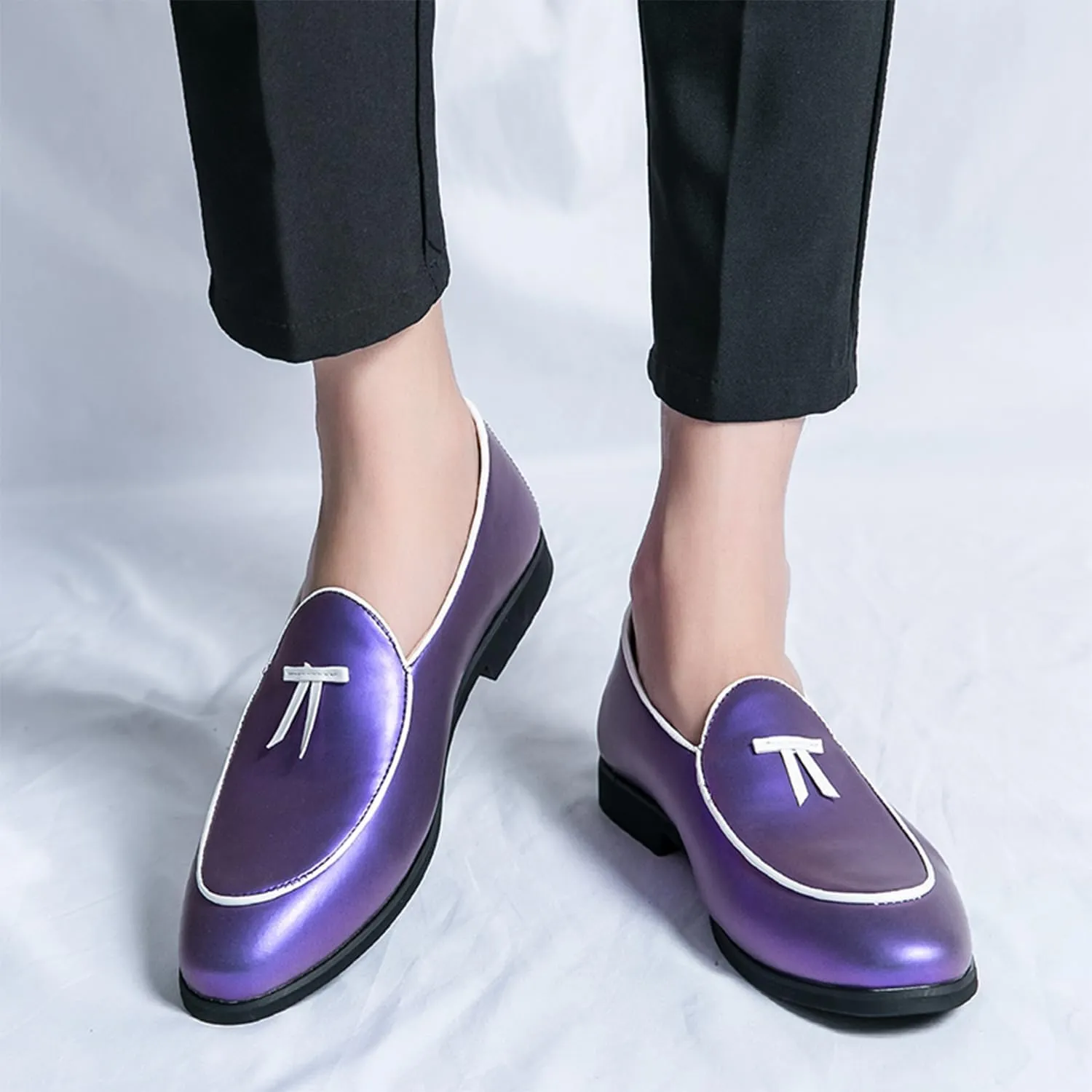 Men's Penny Loafers Patent Leather Loafers Slip-On Dress Shoes Black with Yellow Trim Formal Moccasins