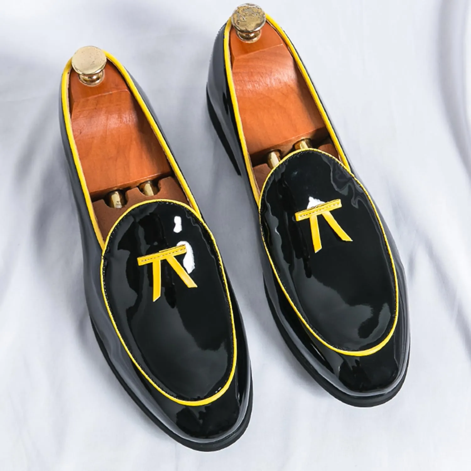 Men's Penny Loafers Patent Leather Loafers Slip-On Dress Shoes Black with Yellow Trim Formal Moccasins
