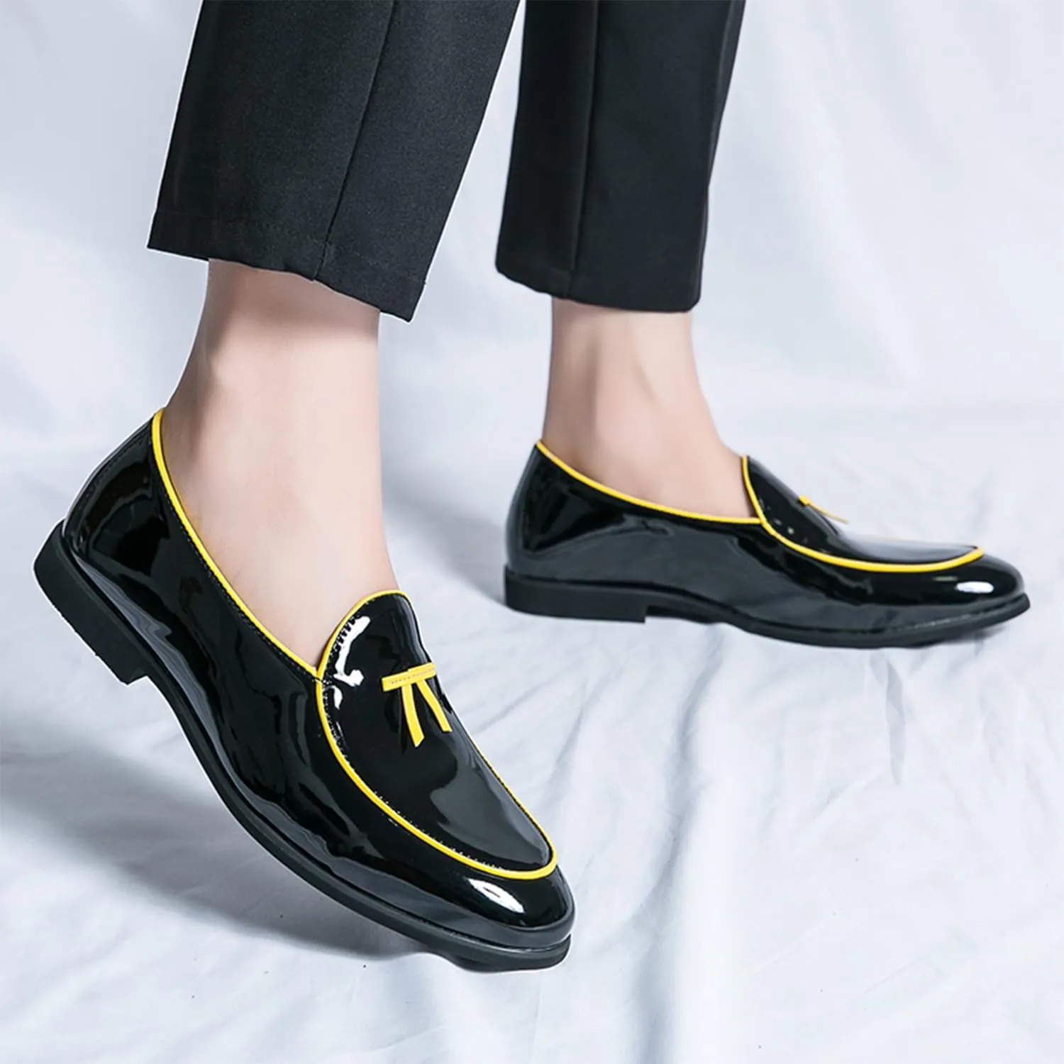 Men's Penny Loafers Patent Leather Loafers Slip-On Dress Shoes Black with Yellow Trim Formal Moccasins