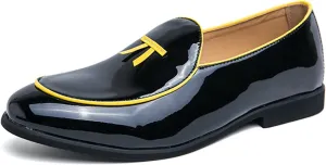 Men's Penny Loafers Patent Leather Loafers Slip-On Dress Shoes Black with Yellow Trim Formal Moccasins
