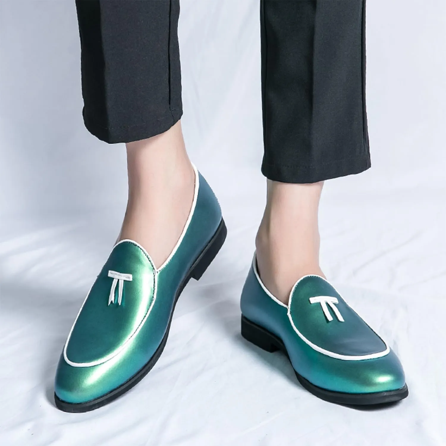 Men's Penny Loafers Patent Leather Loafers Slip-On Dress Shoes Black with Yellow Trim Formal Moccasins