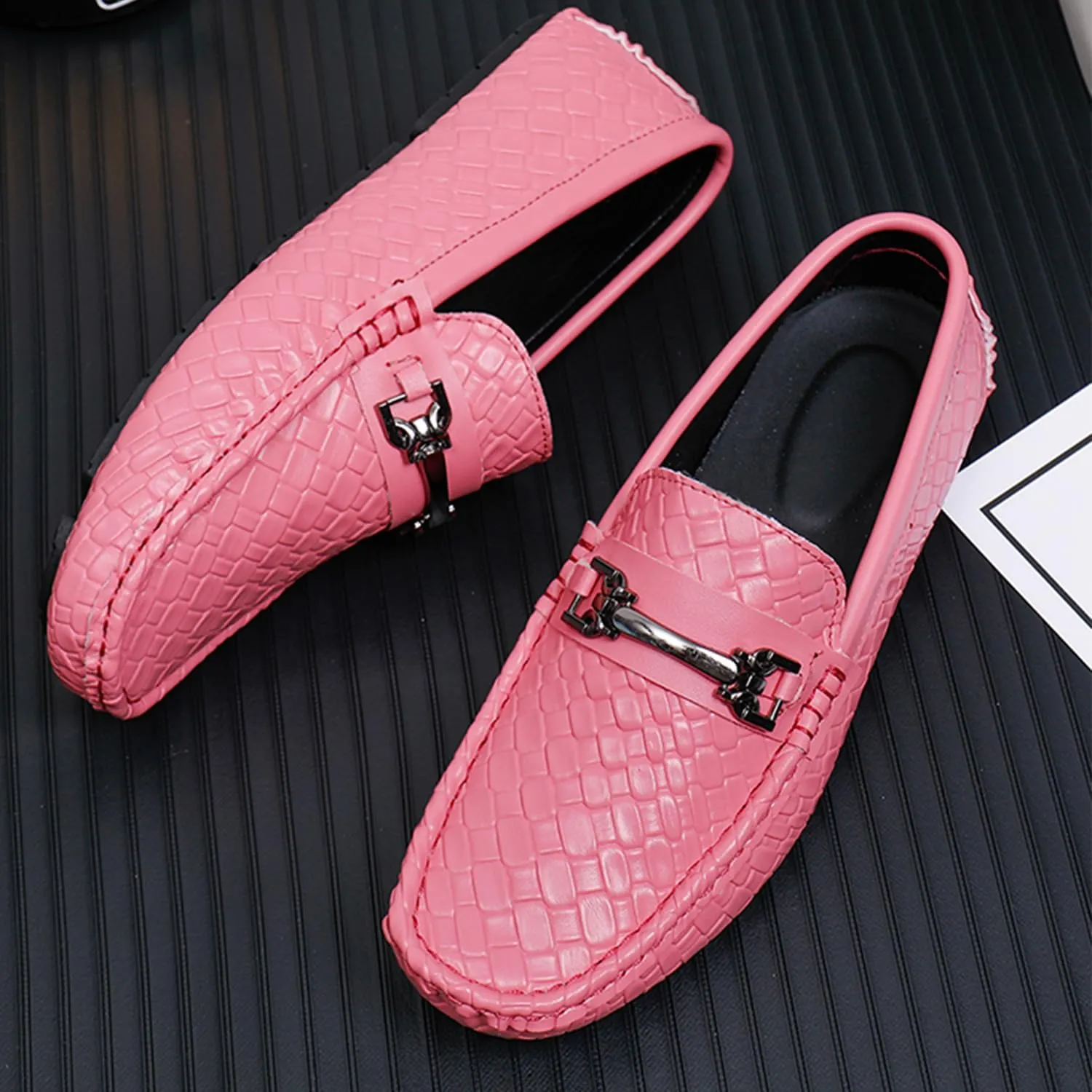 Men's Penny Loafers Woven Leather Driving Loafers Black Slip-On with Buckle Flats Boat Shoes Moccasins