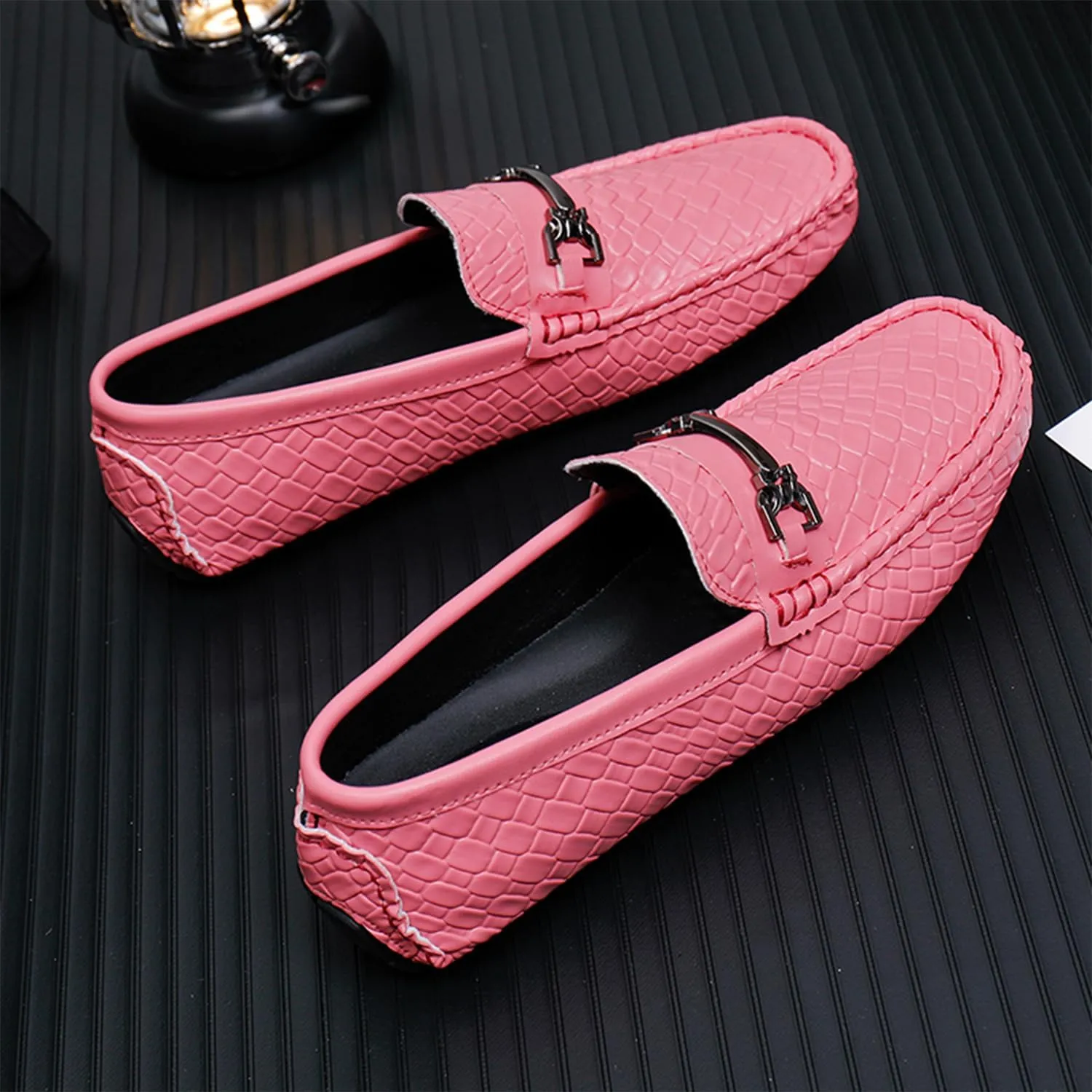 Men's Penny Loafers Woven Leather Driving Loafers Black Slip-On with Buckle Flats Boat Shoes Moccasins