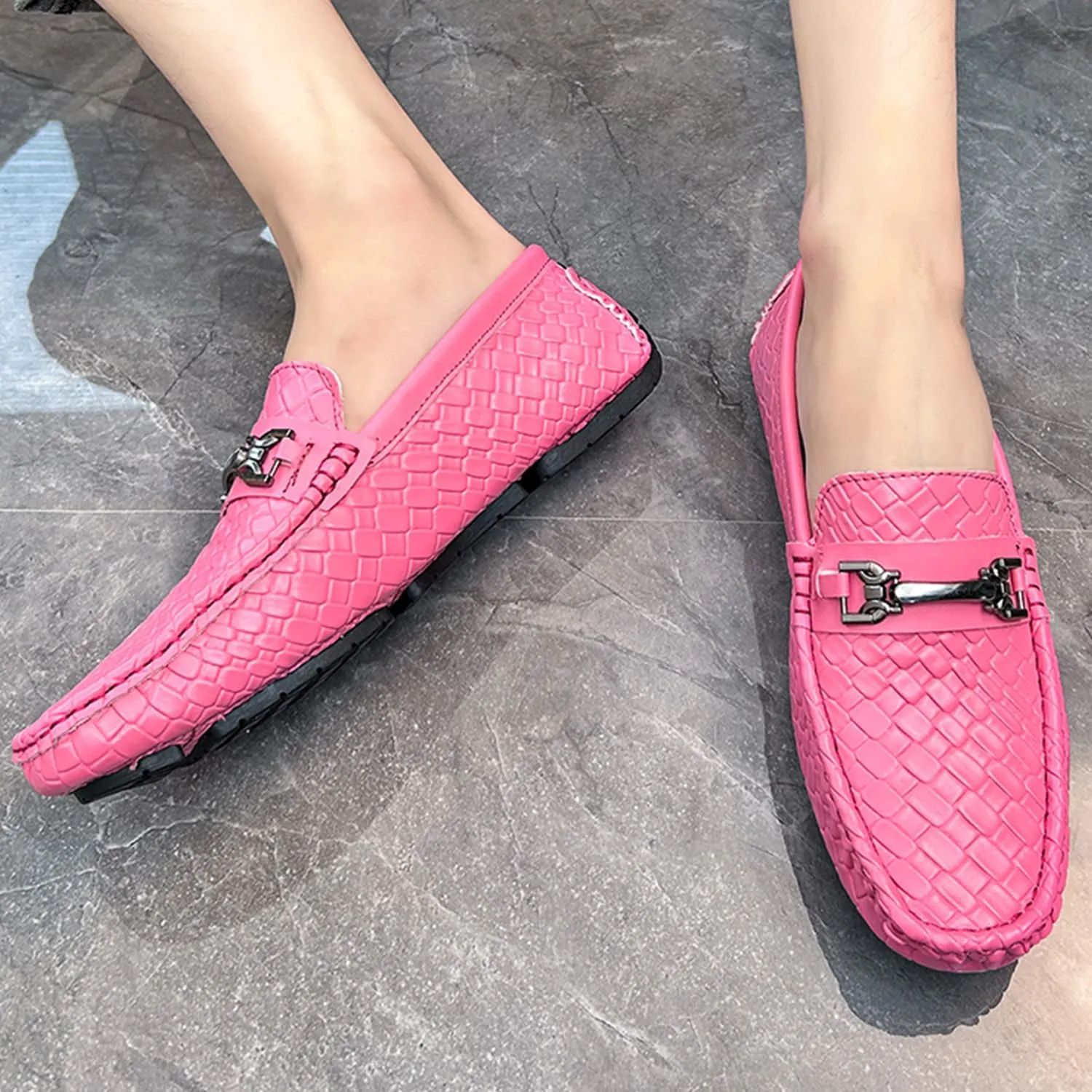 Men's Penny Loafers Woven Leather Driving Loafers Black Slip-On with Buckle Flats Boat Shoes Moccasins