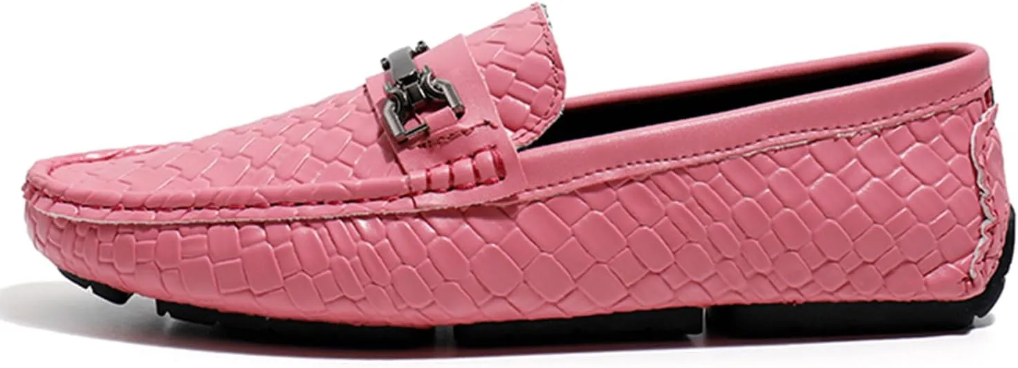 Men's Penny Loafers Woven Leather Driving Loafers Black Slip-On with Buckle Flats Boat Shoes Moccasins