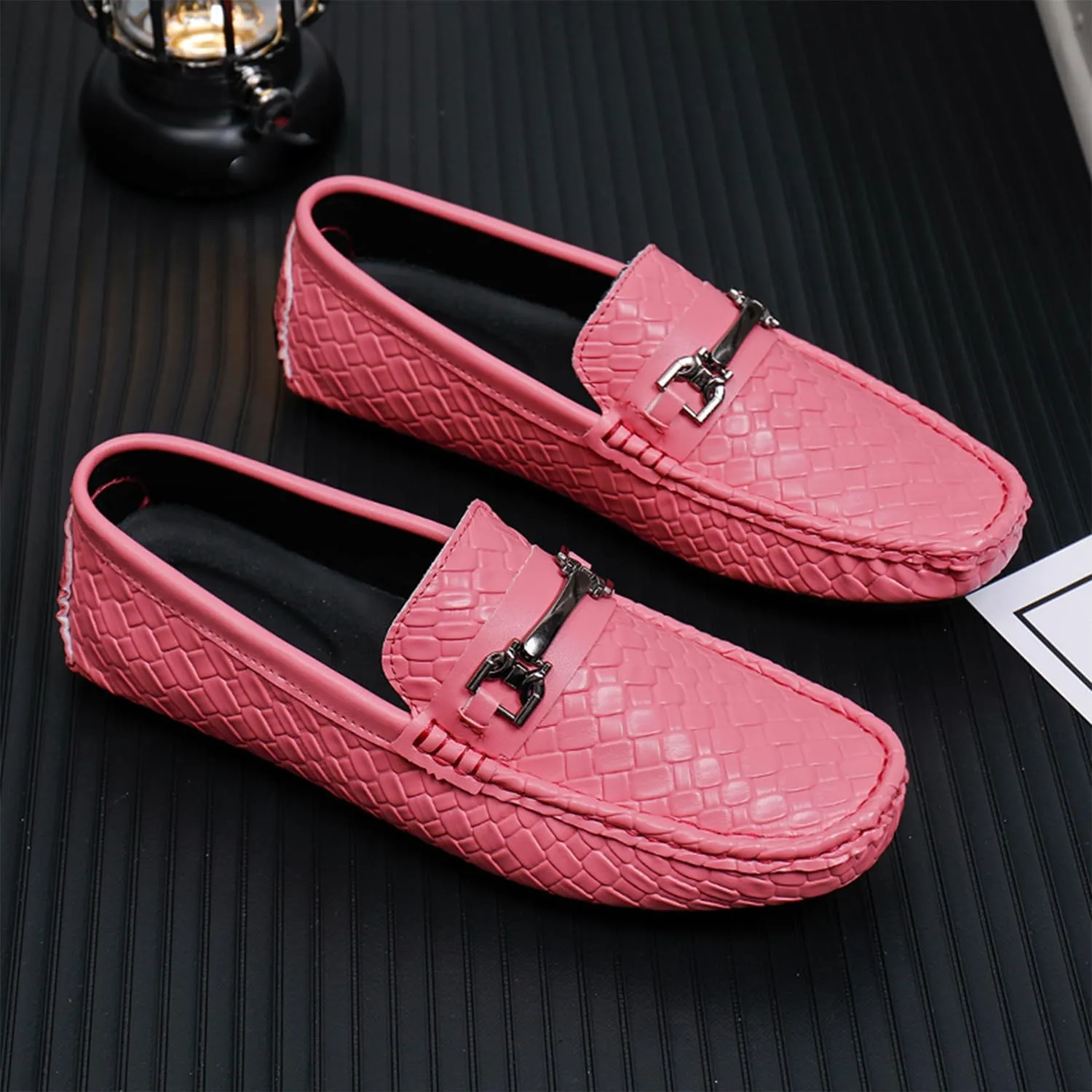 Men's Penny Loafers Woven Leather Driving Loafers Black Slip-On with Buckle Flats Boat Shoes Moccasins