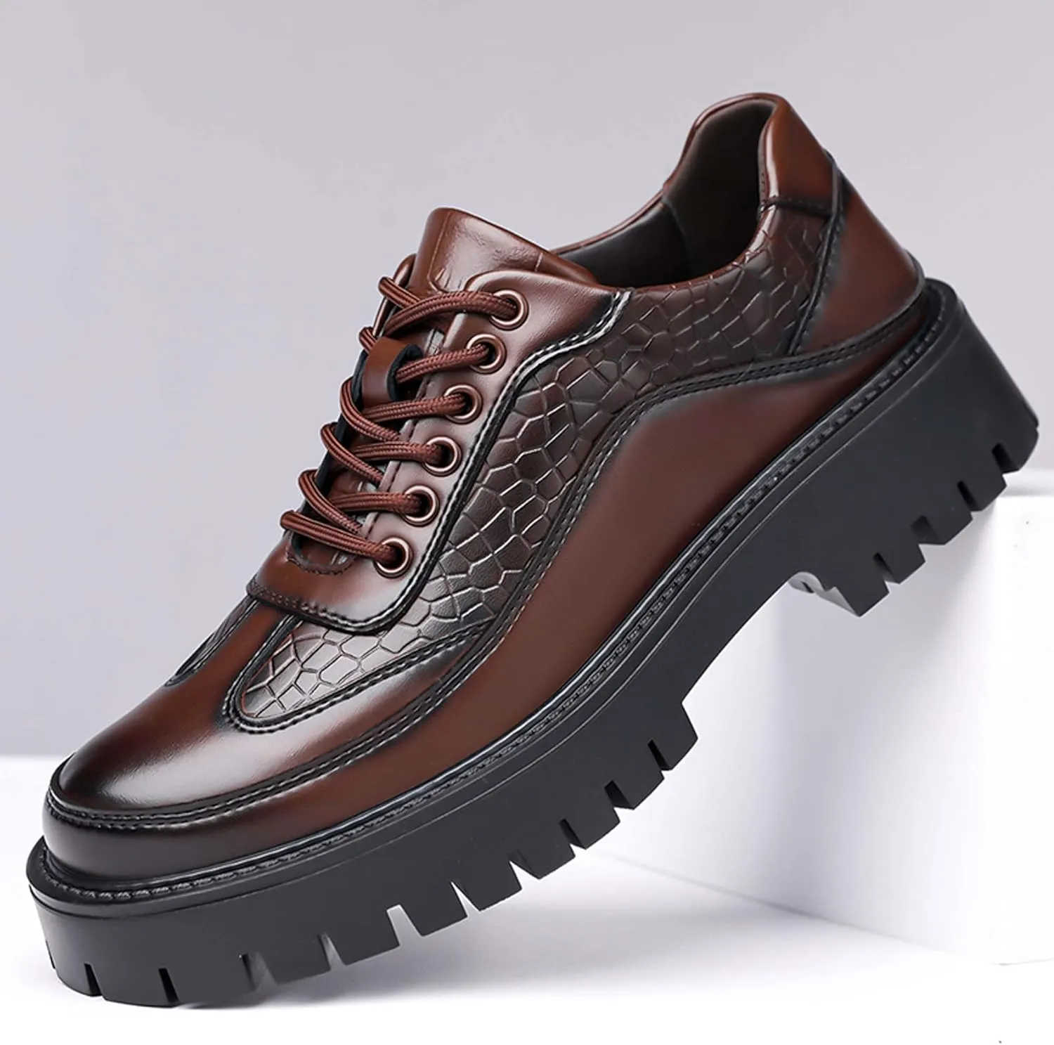 Men's Platform Oxfords Classic Lace-up Business Casual Office Formal Shoes Non-Slip Comfortable Wedding Prom Uniform Loafers Urban Style