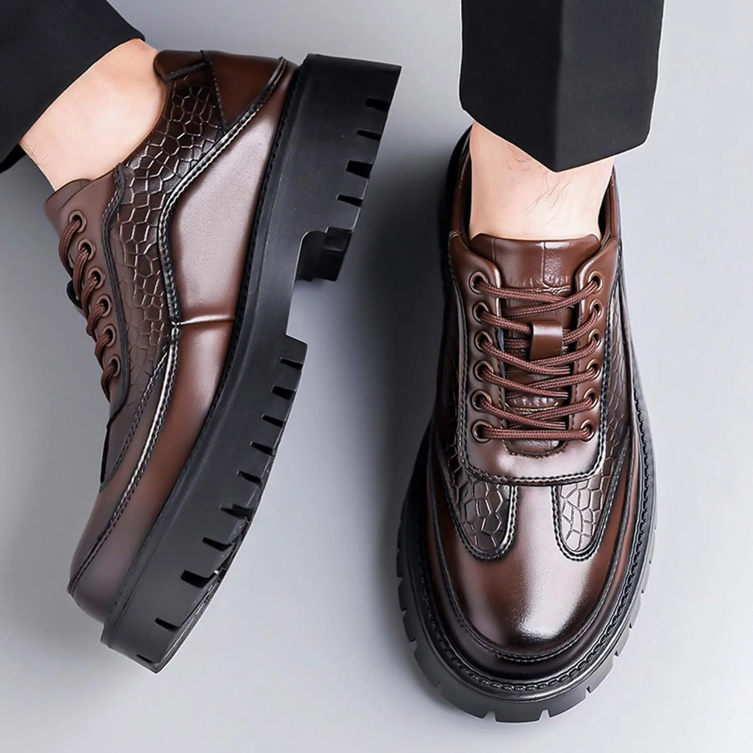 Men's Platform Oxfords Classic Lace-up Business Casual Office Formal Shoes Non-Slip Comfortable Wedding Prom Uniform Loafers Urban Style