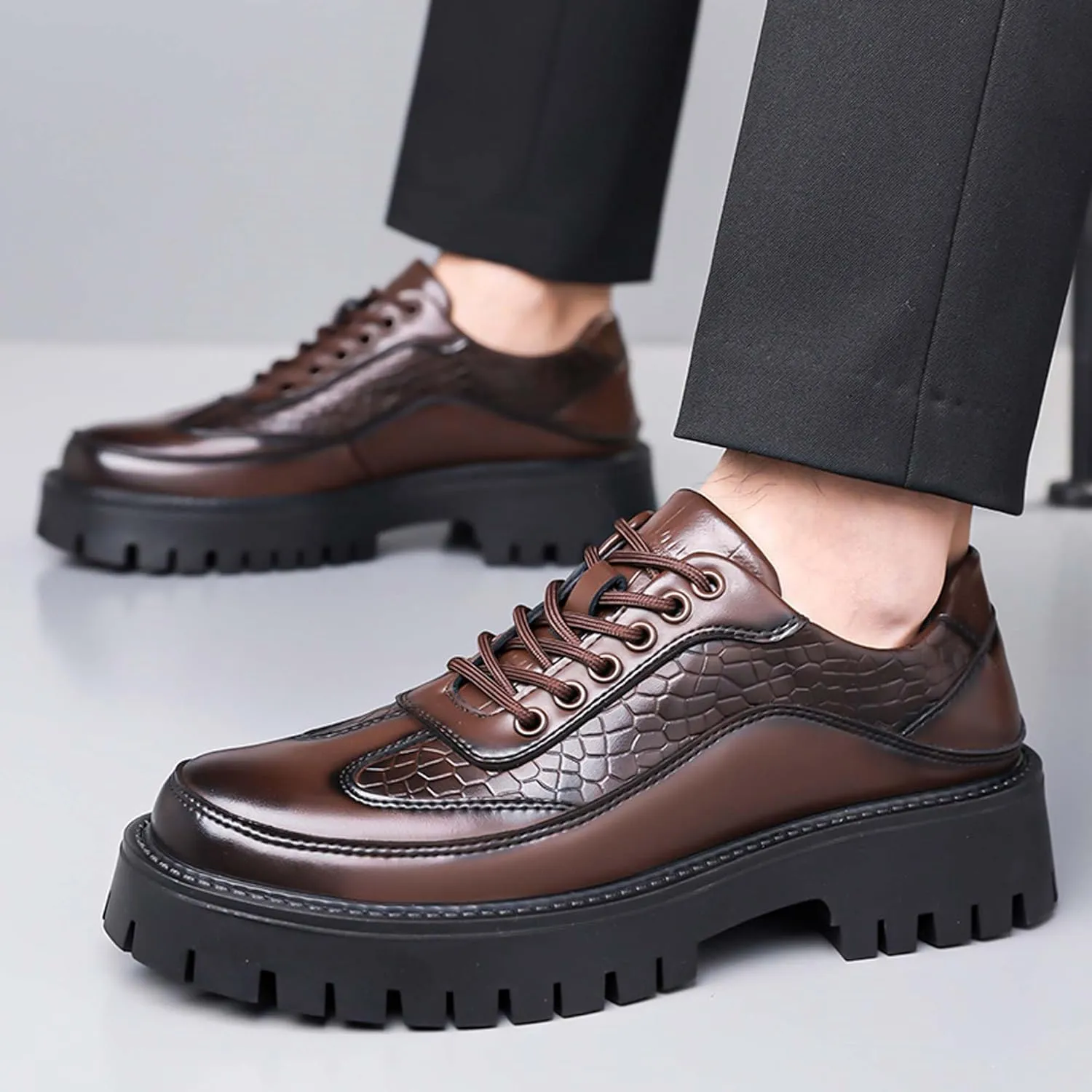 Men's Platform Oxfords Classic Lace-up Business Casual Office Formal Shoes Non-Slip Comfortable Wedding Prom Uniform Loafers Urban Style
