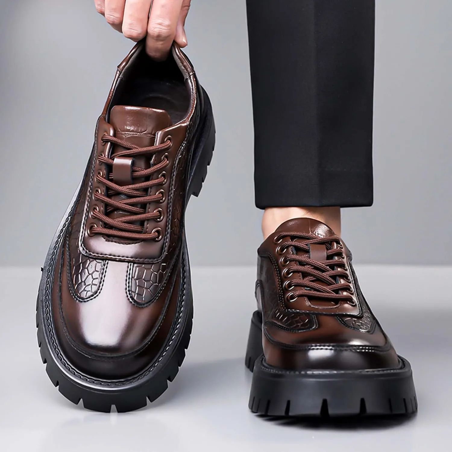 Men's Platform Oxfords Classic Lace-up Business Casual Office Formal Shoes Non-Slip Comfortable Wedding Prom Uniform Loafers Urban Style