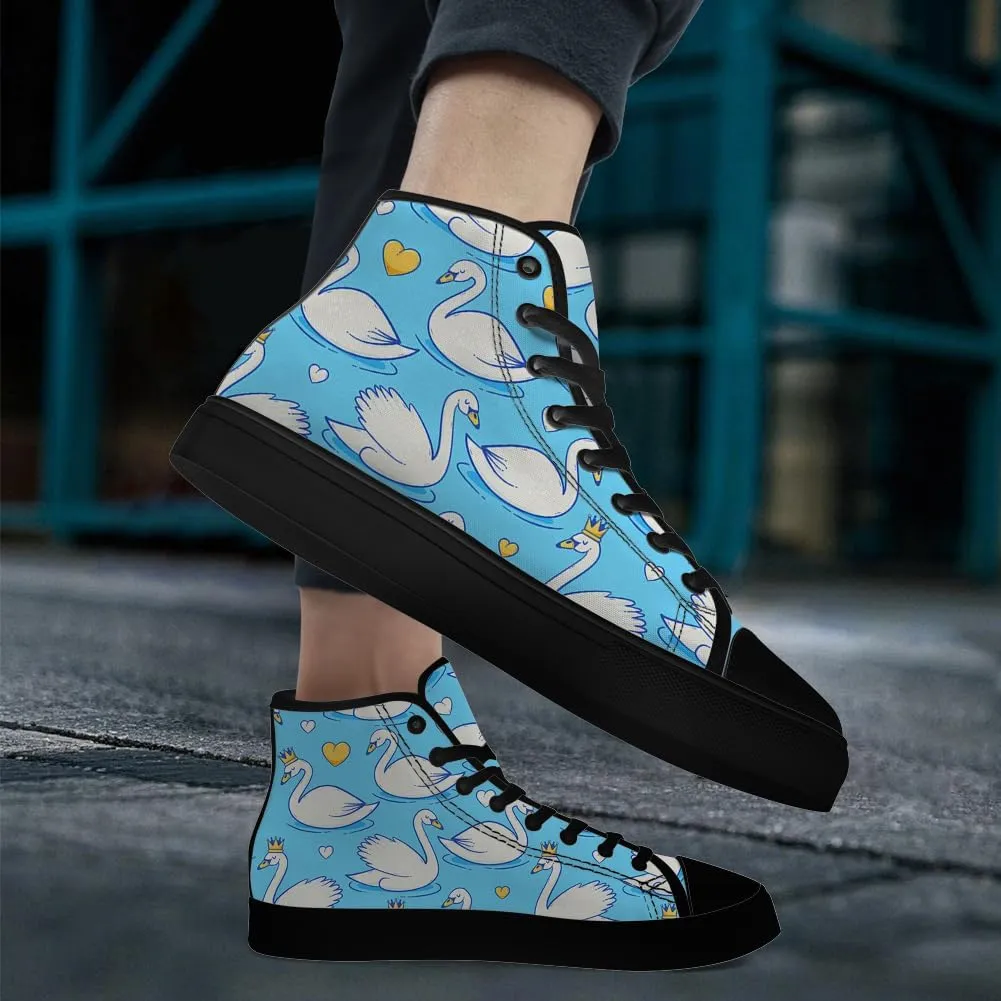 Mens Womens Swan Shoes High Top Canvas Sneakers Lace Up Casual Walking Shoes