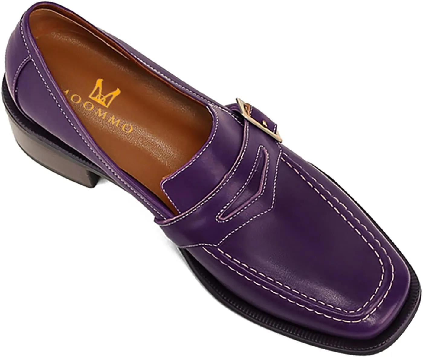 MOOMMO Women Classic Penny Loafers Closed Square Toe Patent Low Heel Loafers Slip On Metal Buckle 2" Chunky Heel Comfy Office Ladies Vintage Dress Loafer Shoes Size 4-9 M US