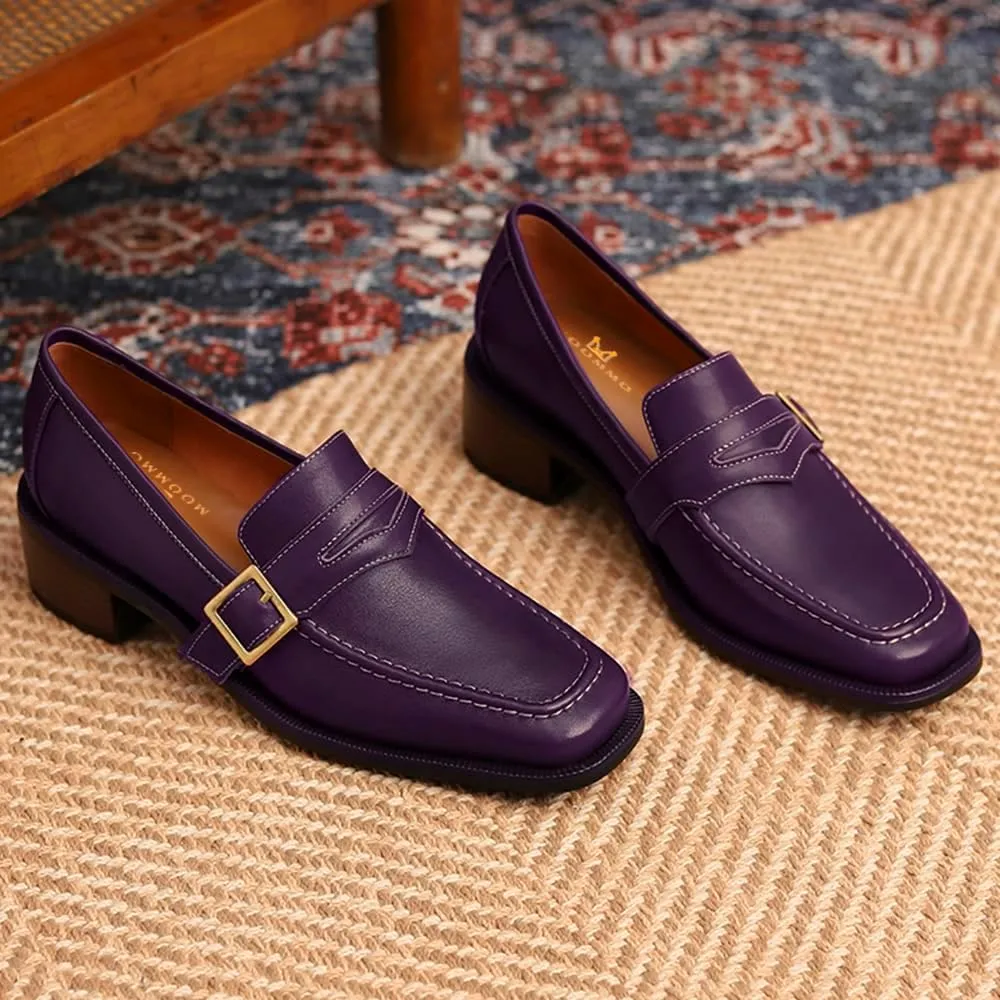 MOOMMO Women Classic Penny Loafers Closed Square Toe Patent Low Heel Loafers Slip On Metal Buckle 2" Chunky Heel Comfy Office Ladies Vintage Dress Loafer Shoes Size 4-9 M US