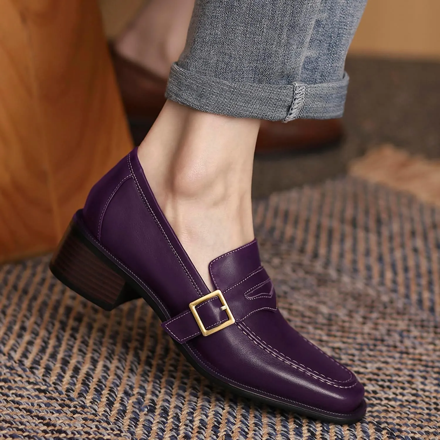 MOOMMO Women Classic Penny Loafers Closed Square Toe Patent Low Heel Loafers Slip On Metal Buckle 2" Chunky Heel Comfy Office Ladies Vintage Dress Loafer Shoes Size 4-9 M US