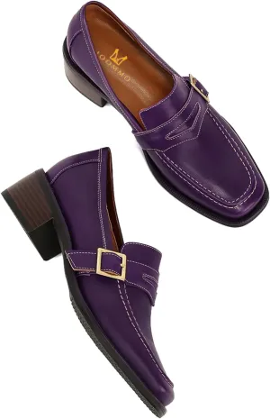 MOOMMO Women Classic Penny Loafers Closed Square Toe Patent Low Heel Loafers Slip On Metal Buckle 2" Chunky Heel Comfy Office Ladies Vintage Dress Loafer Shoes Size 4-9 M US