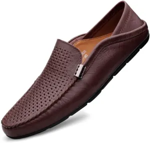 New Mens Loafers Round Toe Leather Perforated Breathable Loafer Shoes Flexible Flat Heel Comfortable Party Slip On