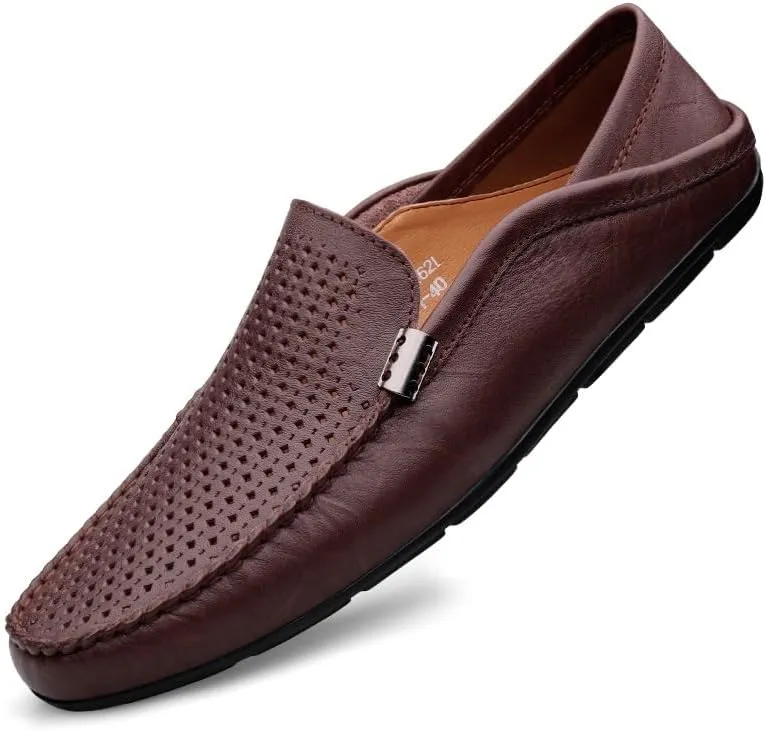 New Mens Loafers Round Toe Leather Perforated Breathable Loafer Shoes Flexible Flat Heel Comfortable Party Slip On
