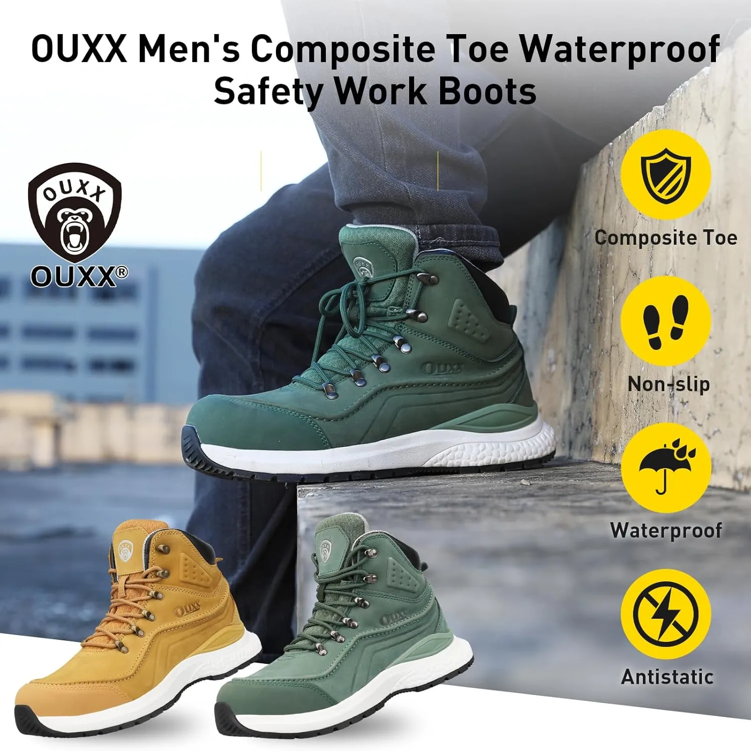 OUXX Men's Composite Toe Work Boots, ASTM F2413 Electro-Static Discharge Safety Shoes, Anti-Slip Rubber Outsole(OX2601)