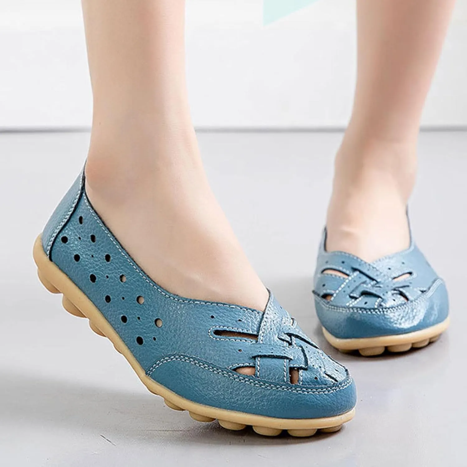 Owlkay New Casual Women Shoes,Orthopedic Loafers in Breathable Leather,Women's Cowhide Leather Shoes Loafers Flats Sandals Slip-On Cutout