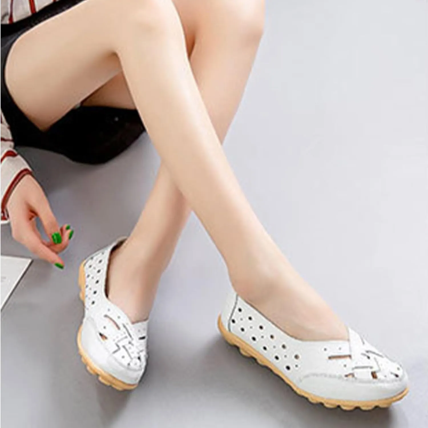 Owlkay New Casual Women Shoes,Orthopedic Loafers in Breathable Leather,Women's Cowhide Leather Shoes Loafers Flats Sandals Slip-On Cutout
