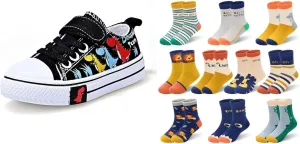 Padgene Cozystep Toddler Boys Cartoon Canvas Sneakers 10 Pairs Novelty Socks Bundle