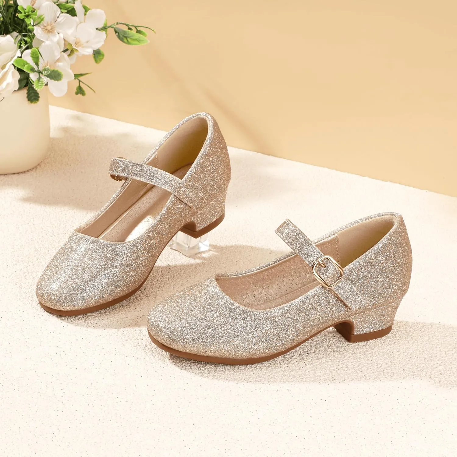 PANDANINJIA Girls Dress Shoes Toddler Little Big Kid Chunky Heels Wedding Party School PNEMY Flower Girl Shoes