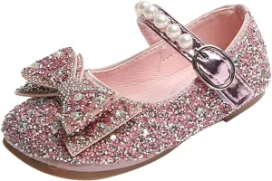 Princess Flat Sequins Little Girls Low Heels Pearl Buckle Dress Shoes Toddler Dress Ballet Mary Jane Bow Flat Shoes