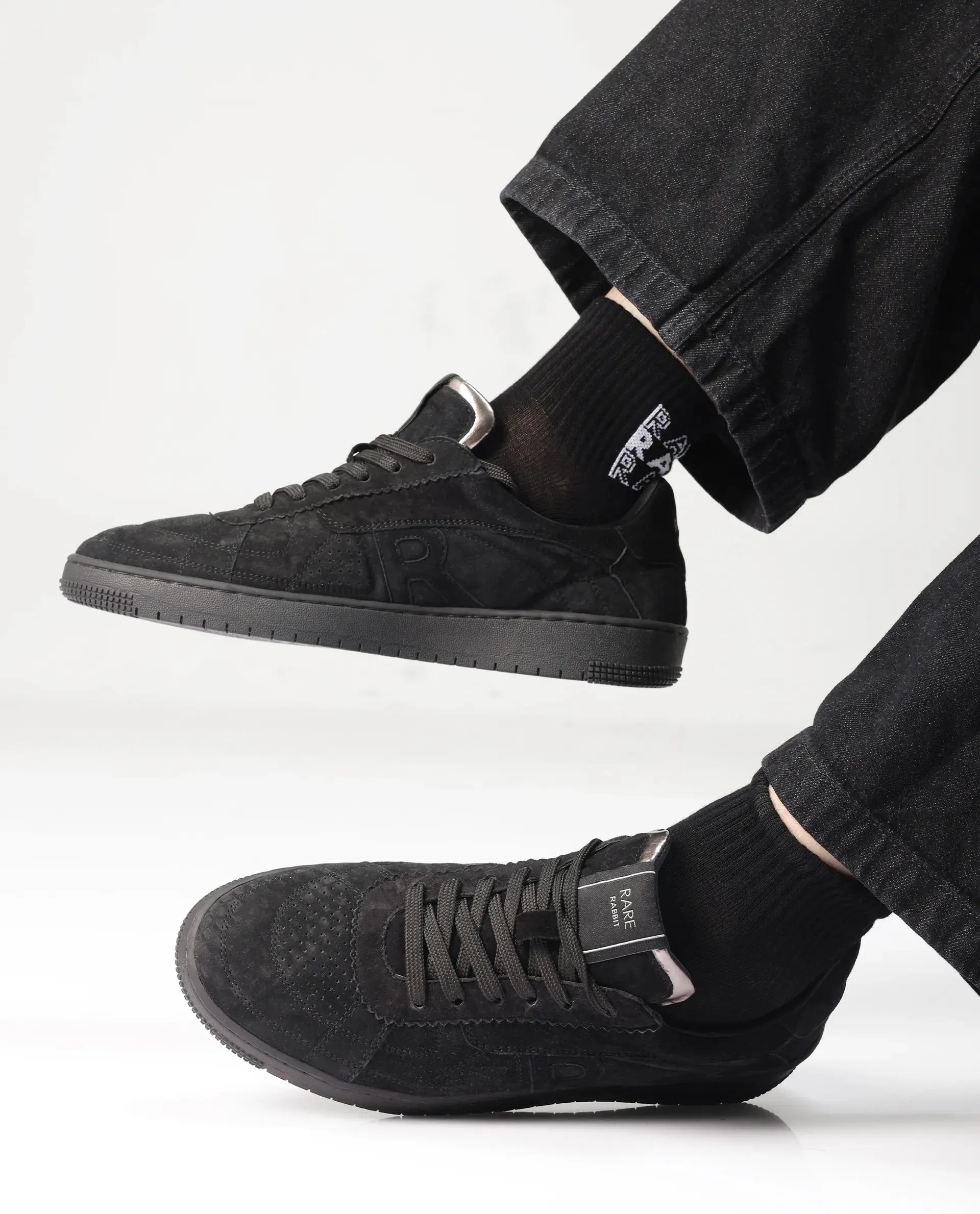 Rare Rabbit Men Ragno Black Genuine Suede Leather Low-Top Lace Up Sneaker Shoes