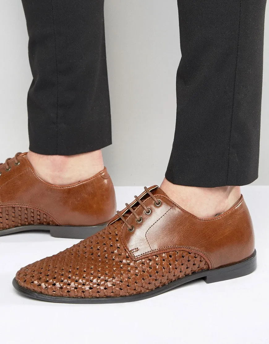 Red Tape Derby Shoes in Woven Brown Leather