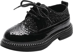 rismart Shiny Sequin Lace-up Oxfords for Boys & Girls Wingtip Brogue Dress Shoes for School Wedding Birthday Party