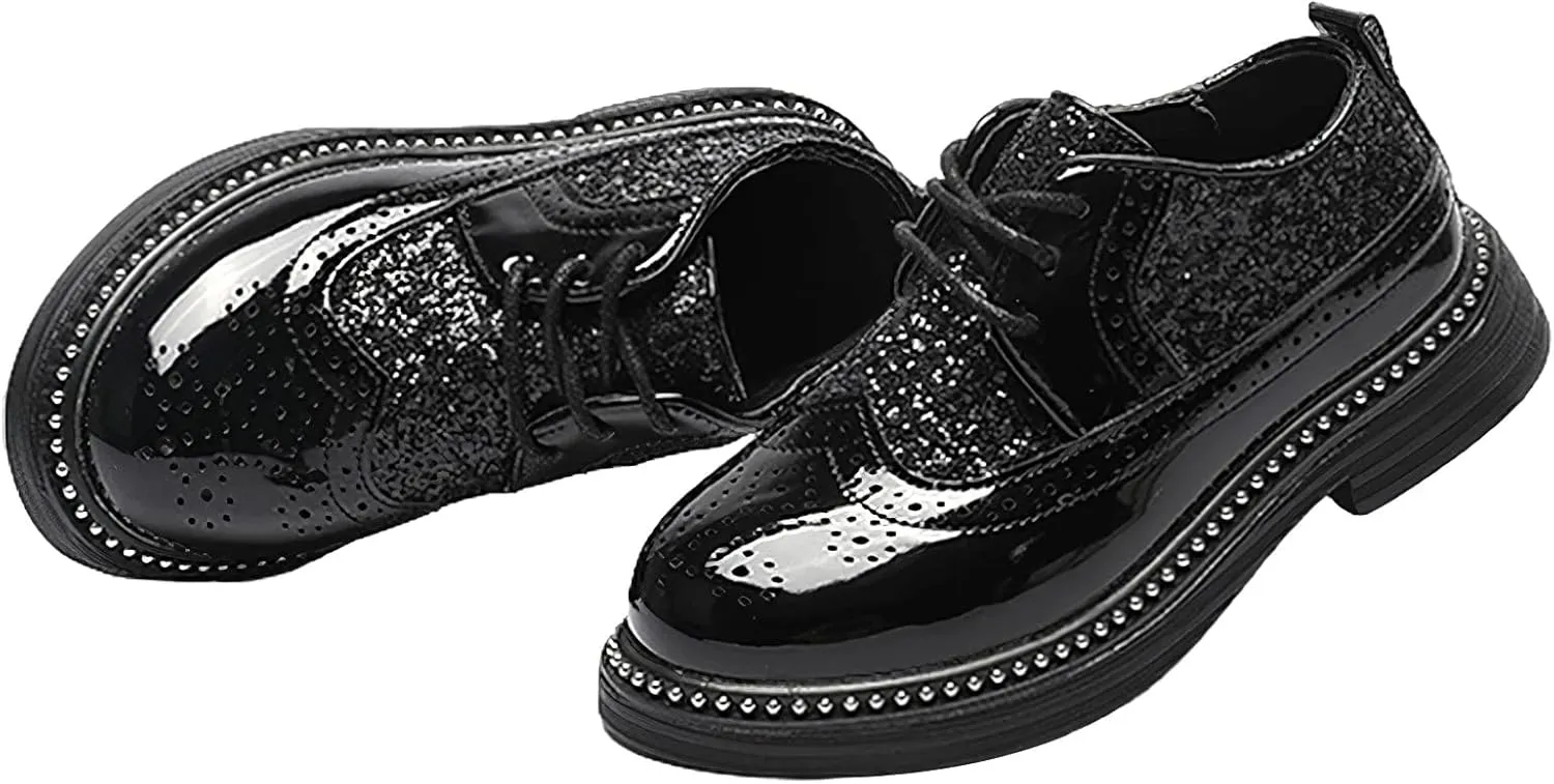 rismart Shiny Sequin Lace-up Oxfords for Boys & Girls Wingtip Brogue Dress Shoes for School Wedding Birthday Party