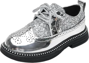 rismart Shiny Sequin Lace-up Oxfords for Boys & Girls Wingtip Brogue Dress Shoes for School Wedding Birthday Party