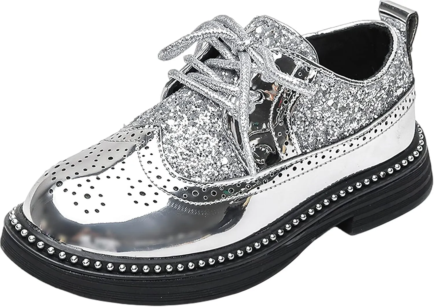rismart Shiny Sequin Lace-up Oxfords for Boys & Girls Wingtip Brogue Dress Shoes for School Wedding Birthday Party