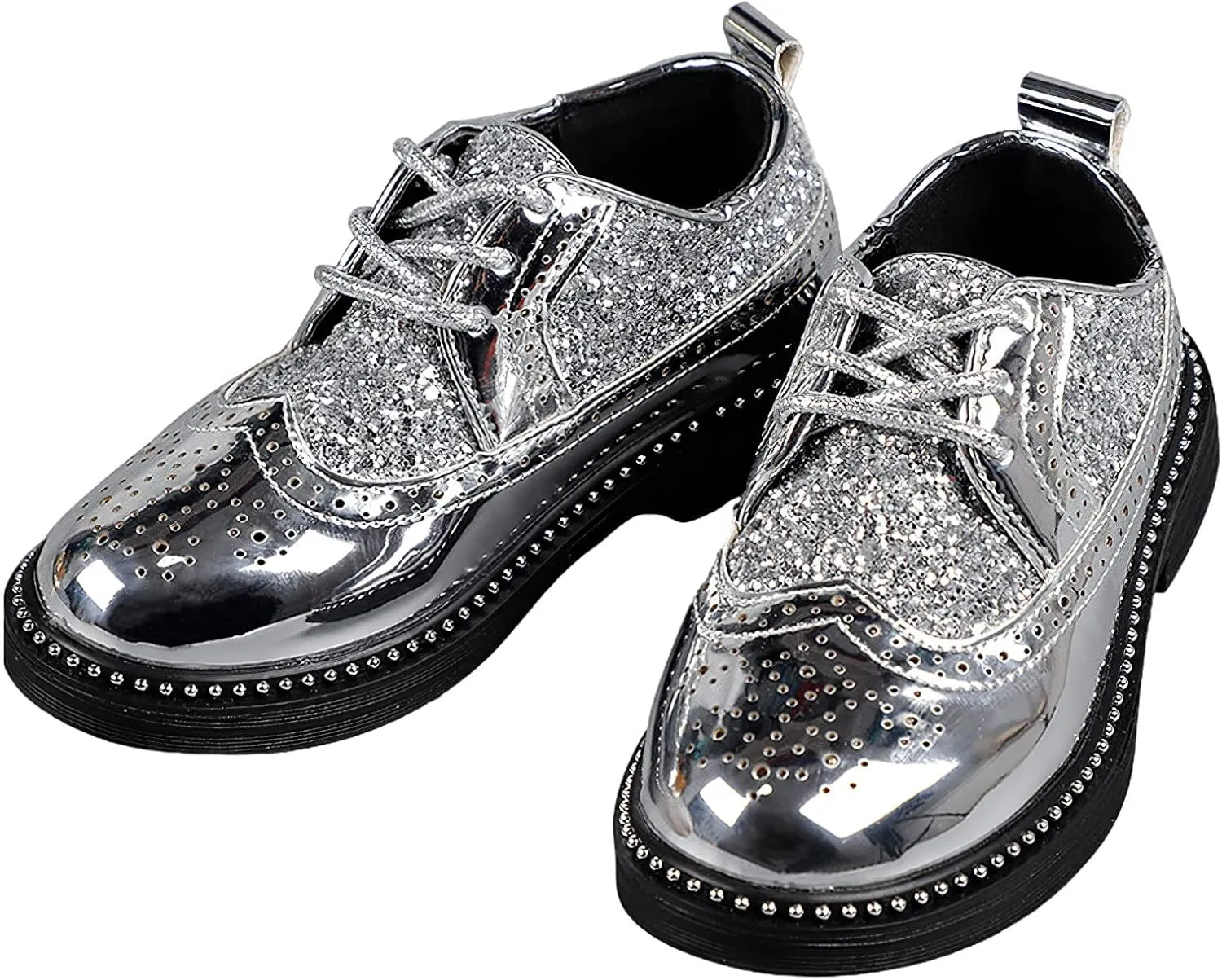 rismart Shiny Sequin Lace-up Oxfords for Boys & Girls Wingtip Brogue Dress Shoes for School Wedding Birthday Party