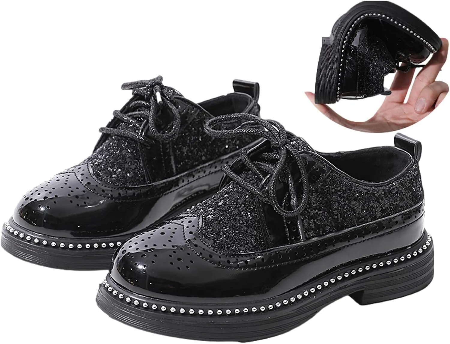 rismart Shiny Sequin Lace-up Oxfords for Boys & Girls Wingtip Brogue Dress Shoes for School Wedding Birthday Party